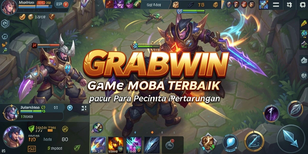 Tampilan gameplay seru dari GRABWIN dengan aksi heroik dalam pertarungan MOBA.