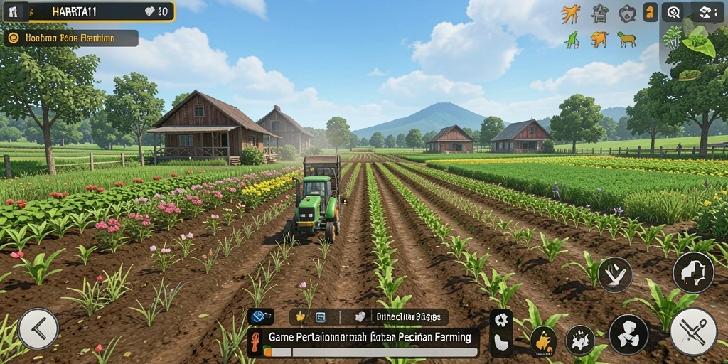 Tampilan gameplay HARTA11 dengan ladang yang luas dan beragam tanaman.