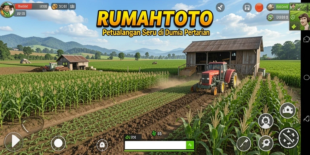 Tangkapan layar utama gameplay RUMAHTOTO menampilkan ladang yang subur dan hewan ternak.